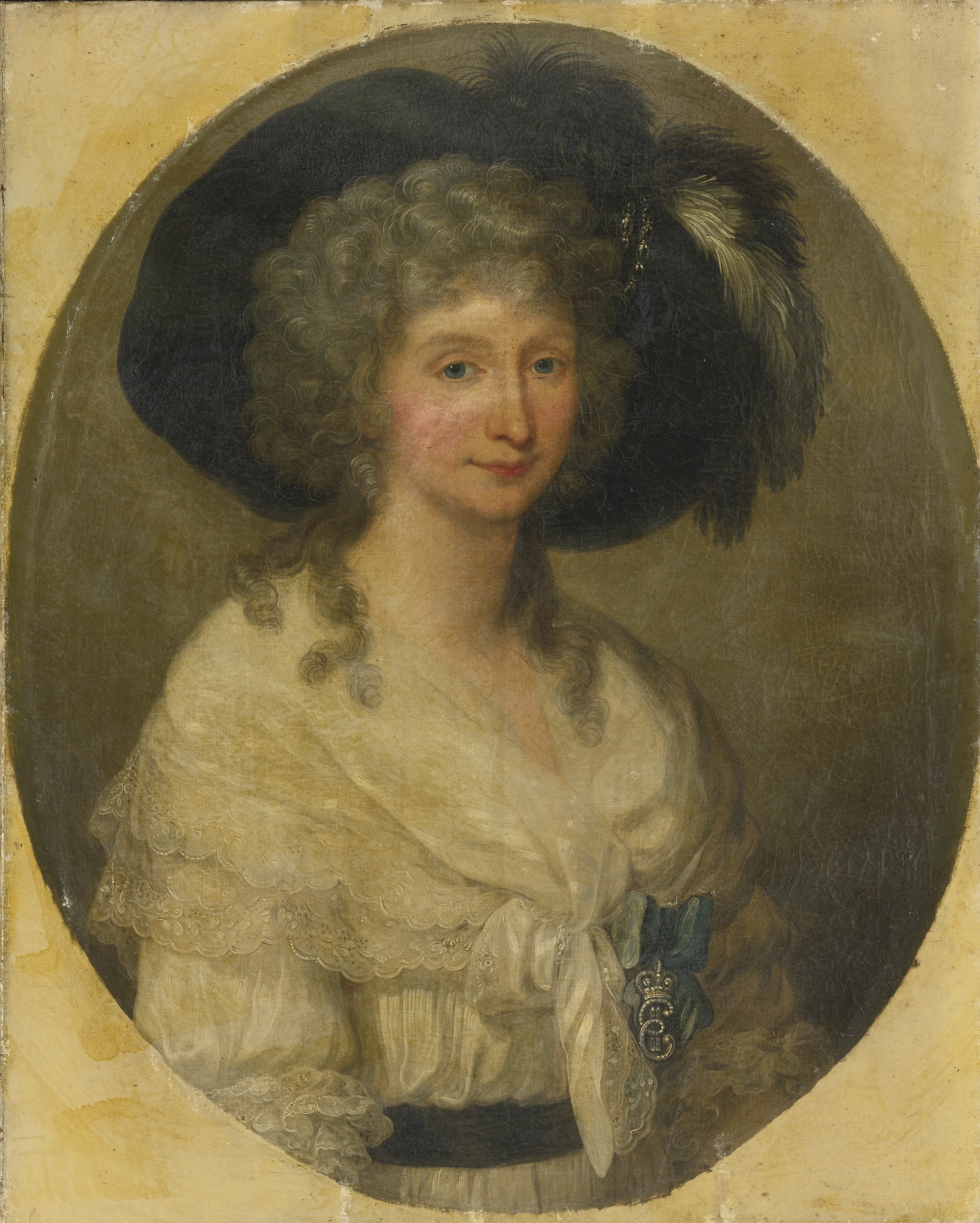 Portrait of Baroness von Bauer, half length, wearing a white, lace dress